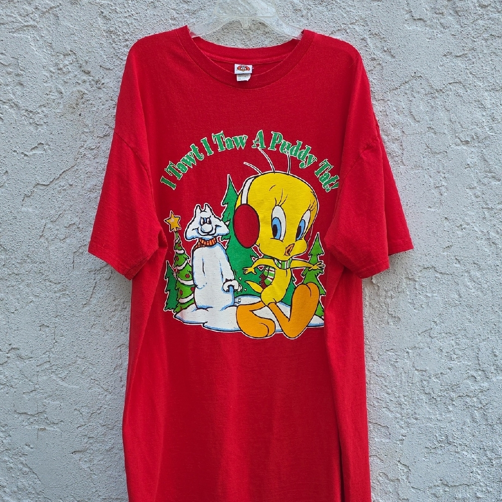 Vintage 1997 Looney Tunes Red Christmas Sleep Shirt Nightgown Tweety Sylvester